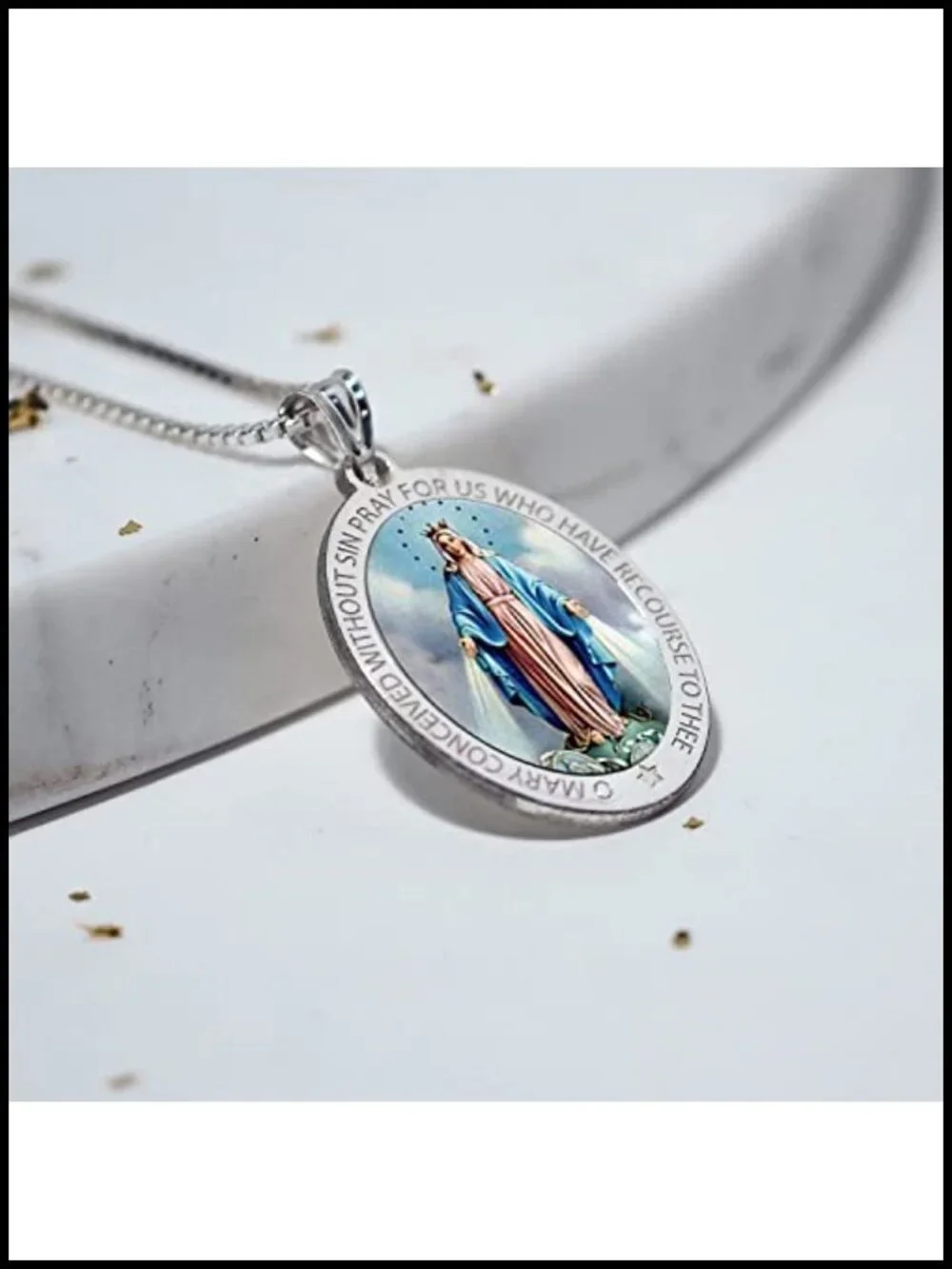 Miraculous Medal Pendant Necklace Sterling Silver Oval